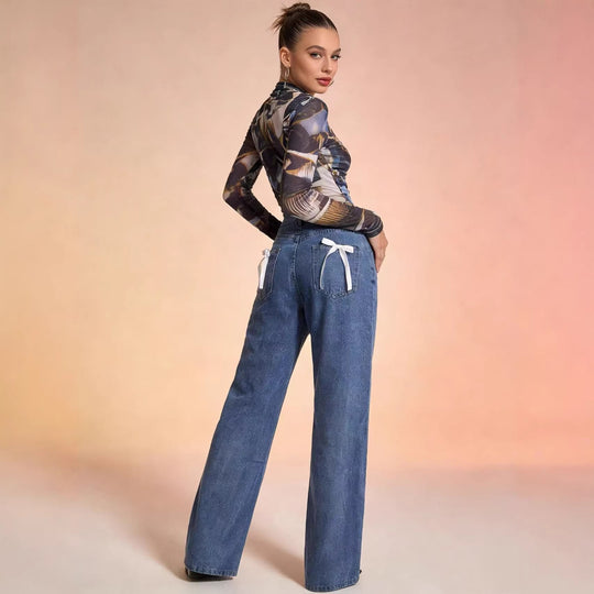Damen nan hochgeschnittene extra-lange Schlagjeans mit weitem Bein und cleanem Five-Pocket-Schnitt EB