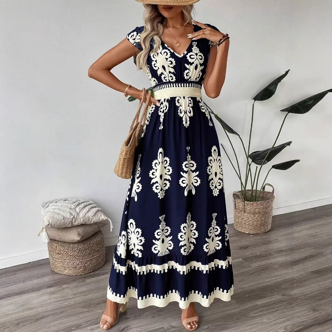 Damen Maxikleid mit V-Ausschnitt und einzigartigem floralem Design EB