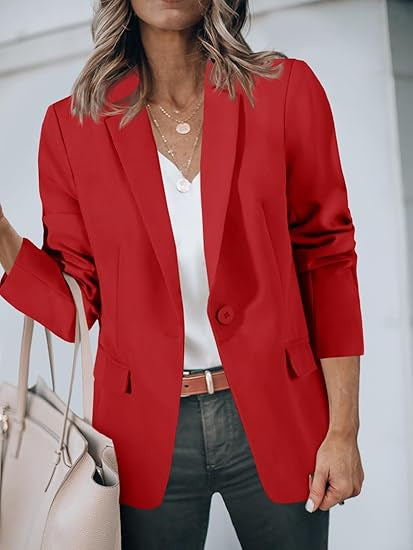 Damen Leichter Stretch-Blazer mit Schalkragen, Ein-Knopf-Verschluss und dreiviertelärmeln EB
