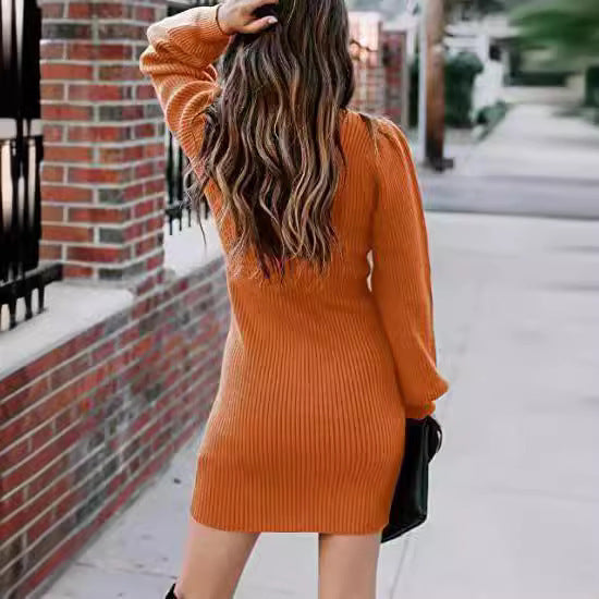 Damen Strickkleid mit hohem Kragen und Puffärmeln EB