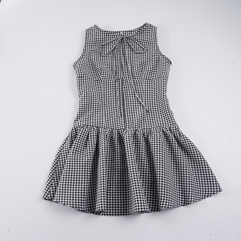 Damen sommerliches Vichy-Kleid mit verspieltem Volant und Bindeband EB