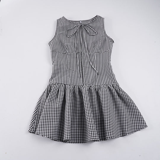Damen sommerliches Vichy-Kleid mit verspieltem Volant und Bindeband EB