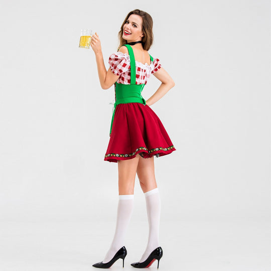 Damen nan Party-Dirndl Minikleid im Oktoberfeststil mit verstellbaren Trägern, Spitzenbesatz und bestickter Schürzenapplikation EB