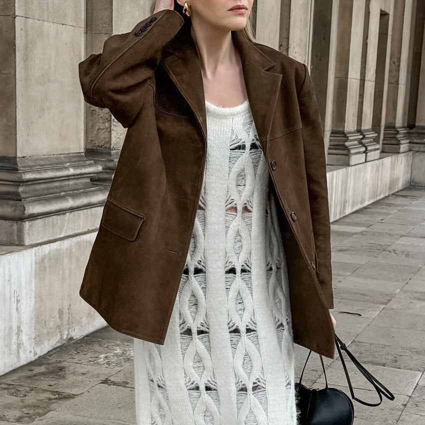 Damen Modische Wildlederjacke im Oversized-Schnitt mit klassischem Kragen und praktischen Taschen EB