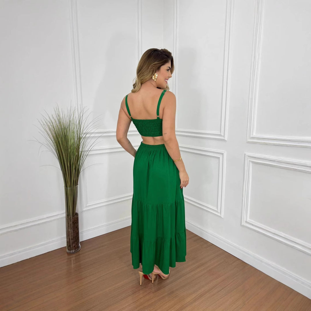Damen Maxi-Kleid mit tailliertem Oberteil und voluminösem Rock EB