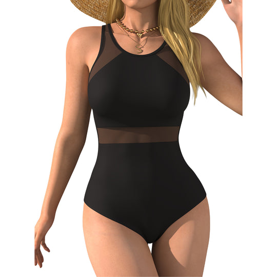 Damen einteiliger Badeanzug mit raffinierten Mesh-Einsätzen und figurformendem Design EB