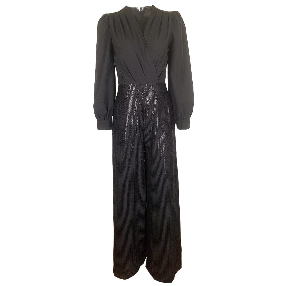Damen elegante Overall mit funkelnden Pailletten und langem Schnitt EB