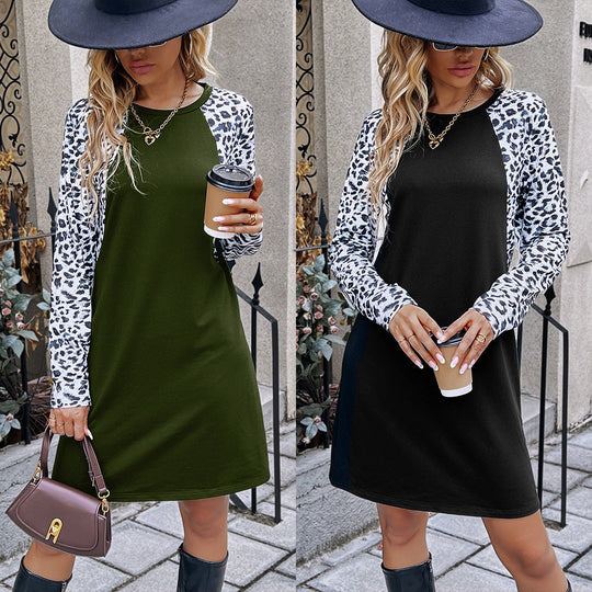 Damen lässiges Kleid mit tierischem Muster und langen Ärmeln EB