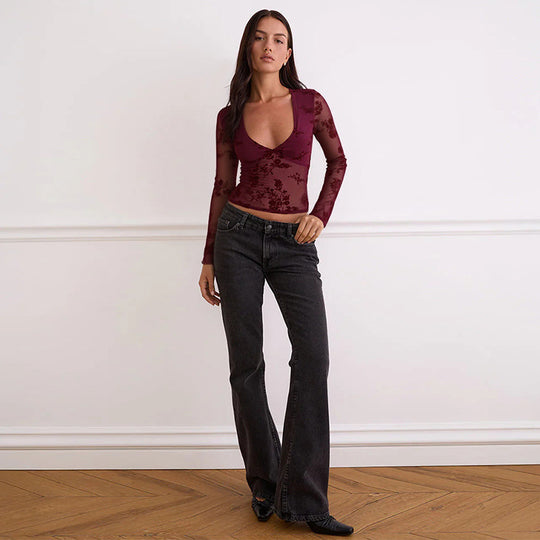 Damen transparente Spitzenbluse mit V-Ausschnitt und langen Ärmeln EB