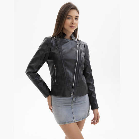Damen nan Bikerjacke aus Kunstleder mit Nietenbesatz und asymmetrischem Reißverschluss EB