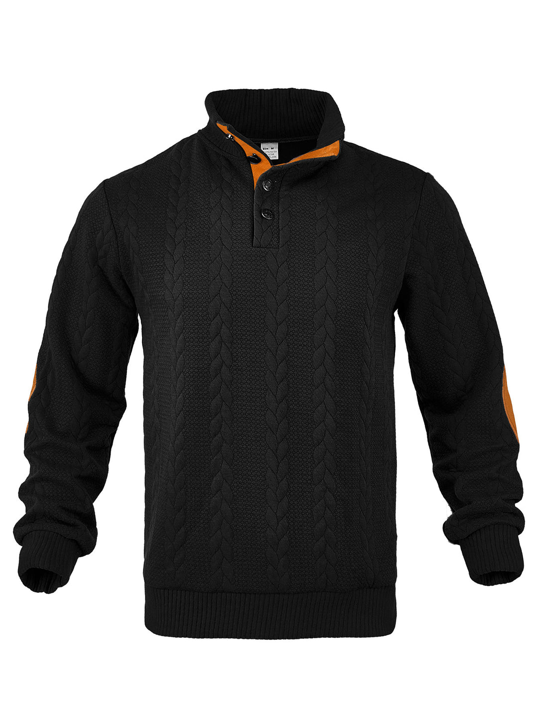Herren nan Zopfmuster-Halbknopf-Pullover mit hohem Stehkragen und Wildleder-Ellbogenpatches EB