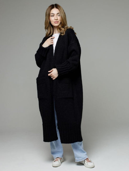 Damen bequemer langer Strickcardigan mit Taschen und breiten Ärmeln EB