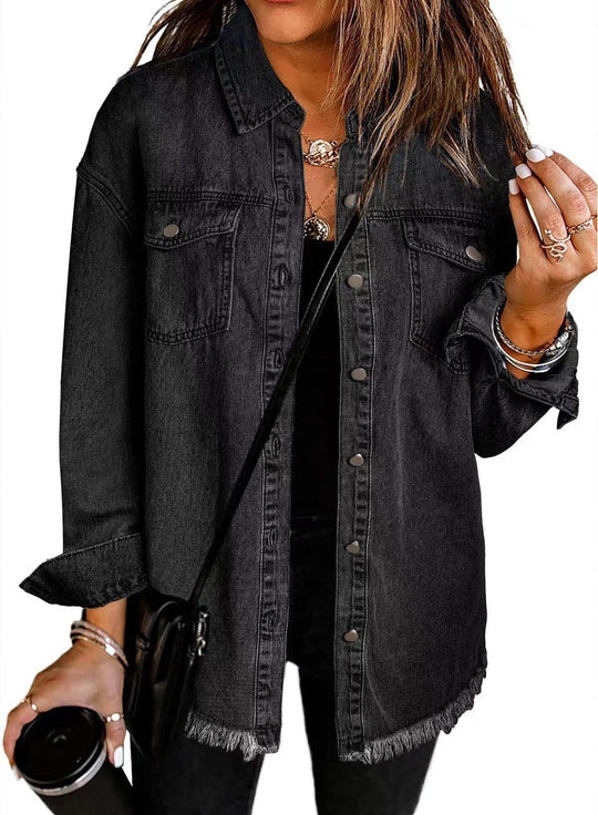 Damen Denim Overshirt mit fransigem Saum und Brusttaschen EB