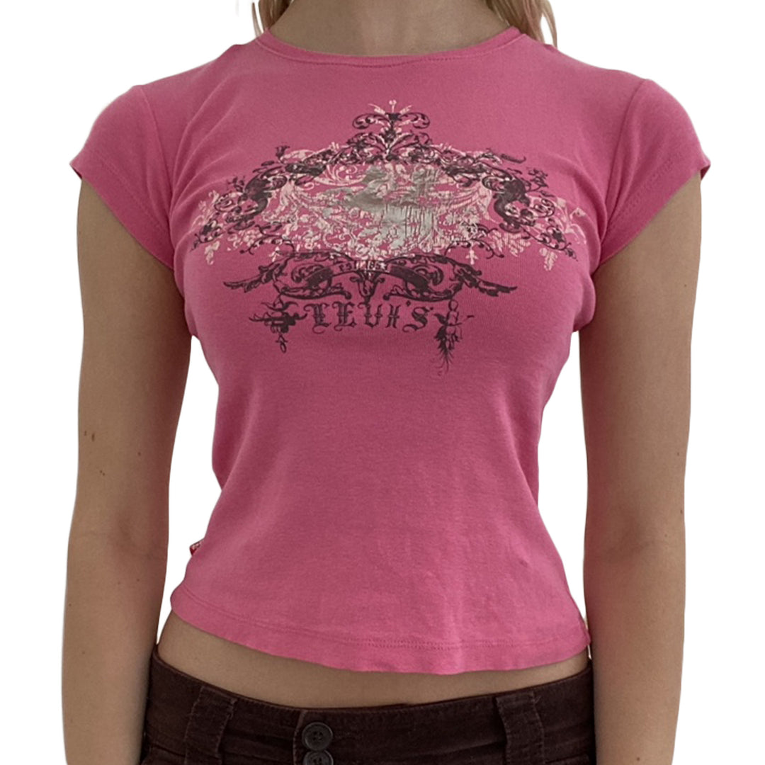 Damen lässiges Grafik-Crop-Top mit Rundhals-Ausschnitt EB