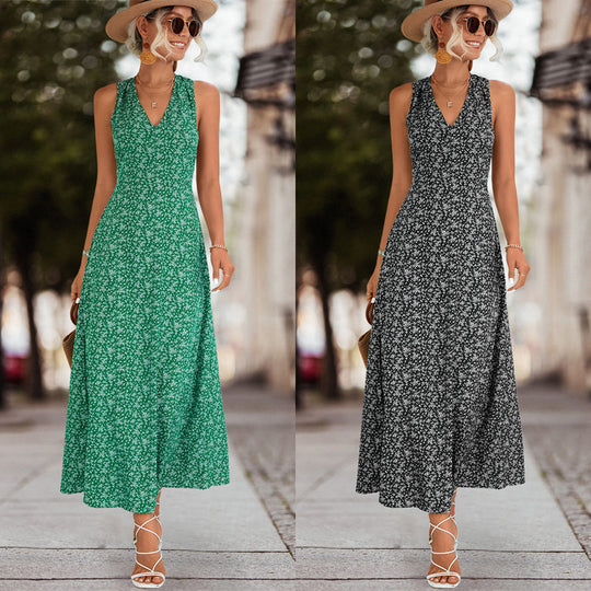 Damen Maxikleid mit floralem V-Ausschnitt und schwingendem Rock EB