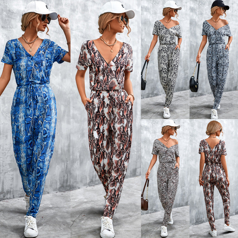 Damen elegante Jumpsuit im Snake-Print-Stil mit Taillengürtel und V-Ausschnitt EB