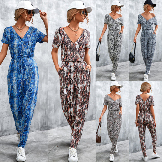 Damen elegante Jumpsuit im Snake-Print-Stil mit Taillengürtel und V-Ausschnitt EB