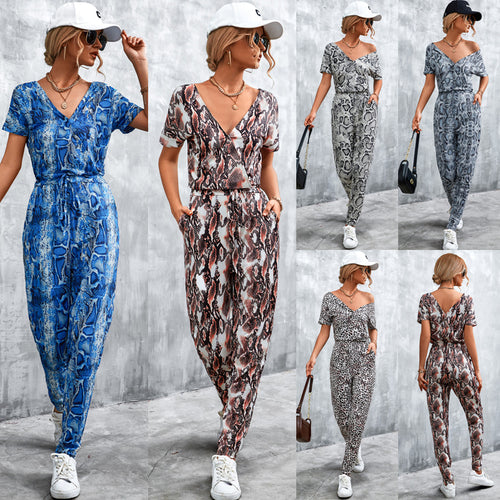 Damen elegante Jumpsuit im Snake-Print-Stil mit Taillengürtel und V-Ausschnitt EB
