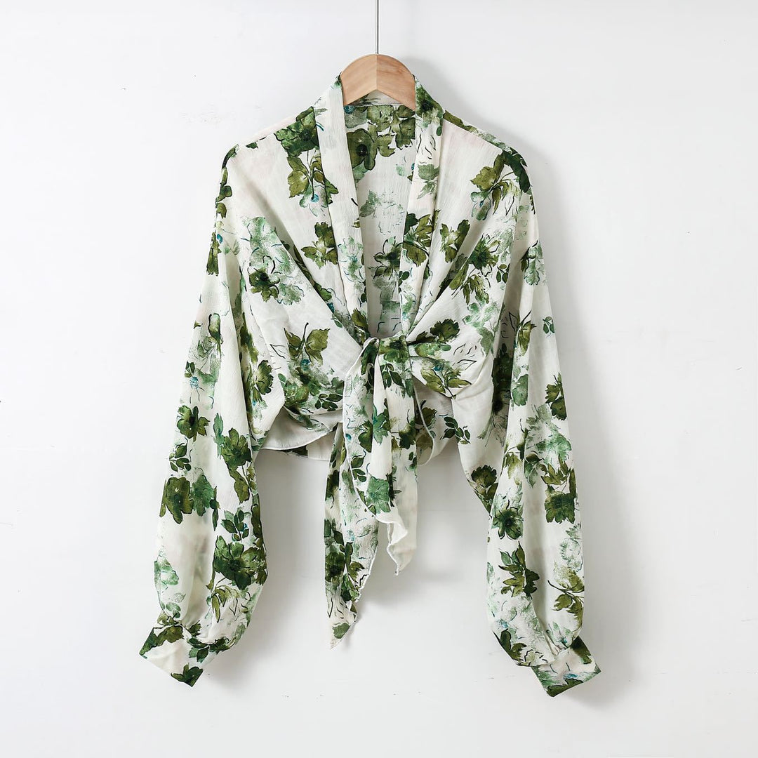 Damen nan florale Knoten-Bluse im Wickelstil mit Ballonärmeln und leichter Leinenoptik EB