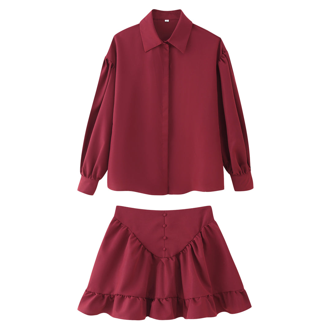 Damen Set aus eleganter Bluse mit Puffärmeln und schwingendem Rock EB