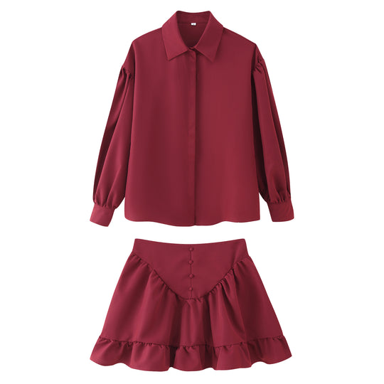 Damen Set aus eleganter Bluse mit Puffärmeln und schwingendem Rock EB