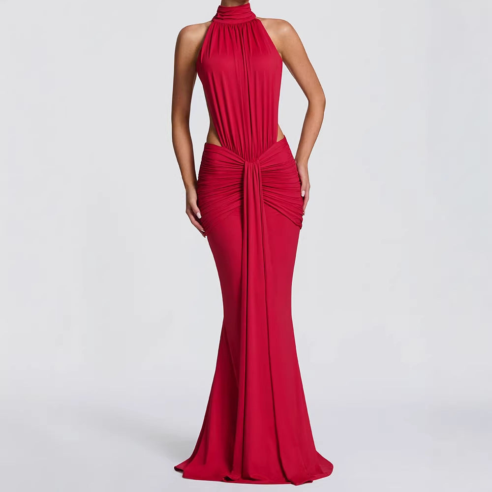 Damen Elegantes Maxikleid mit drapiertem Vorderteil und hochgeschlossenem Design EB
