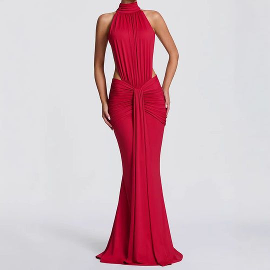 Damen Elegantes Maxikleid mit drapiertem Vorderteil und hochgeschlossenem Design EB