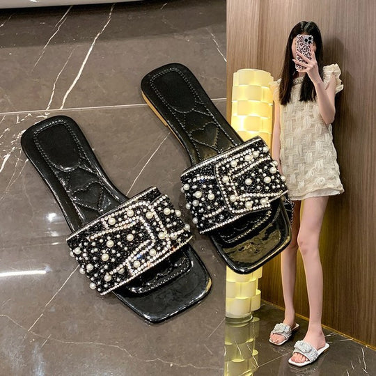 Damen Lifestyle Slides mit eleganter Perlenschließe EB