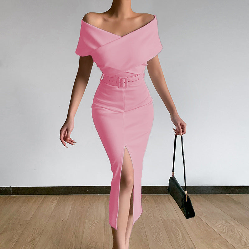 Damen Etuikleid mit schulterfreiem Design und hohem Schlitz EB