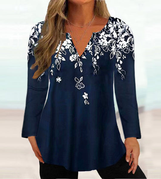 Damen Elegante Bluse mit floralem Design und V-Ausschnitt EB
