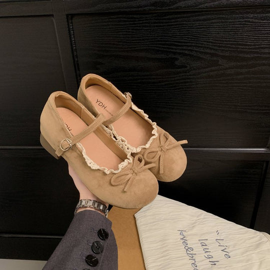 Damen elegante Mary Jane Ballerinas mit dekorativem Spitzenrand und Schleifenakzent EB