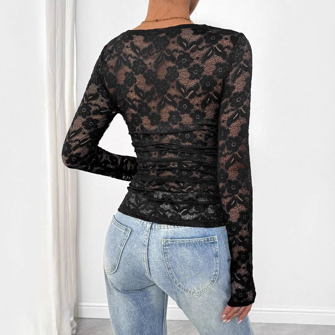 Damen Spitzen-Bodysuit mit quadratischem Ausschnitt und langen Ärmeln EB