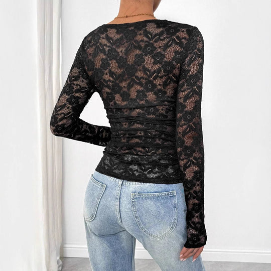 Damen Spitzen-Bodysuit mit quadratischem Ausschnitt und langen Ärmeln EB