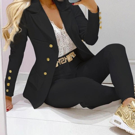 Damen Taillierter Zweiteiler Blazer mit Goldknöpfen und Slim-Fit Hose EB