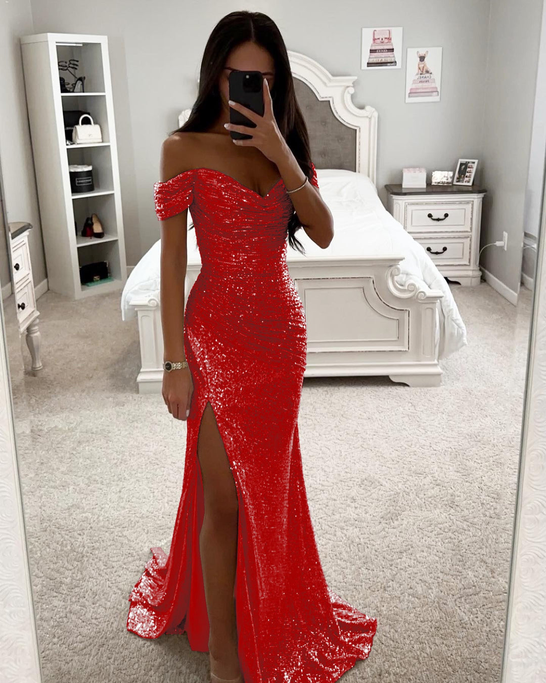 Damen Glamouröses Abendkleid mit schulterfreiem Schnitt und schimmerndem Stoff EB