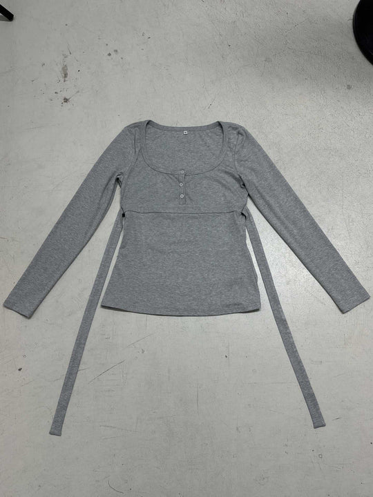 Damen nan tailliertes Still-Longsleeve mit Knopfleiste, Unterbrustnaht und elastischem Jersey EB