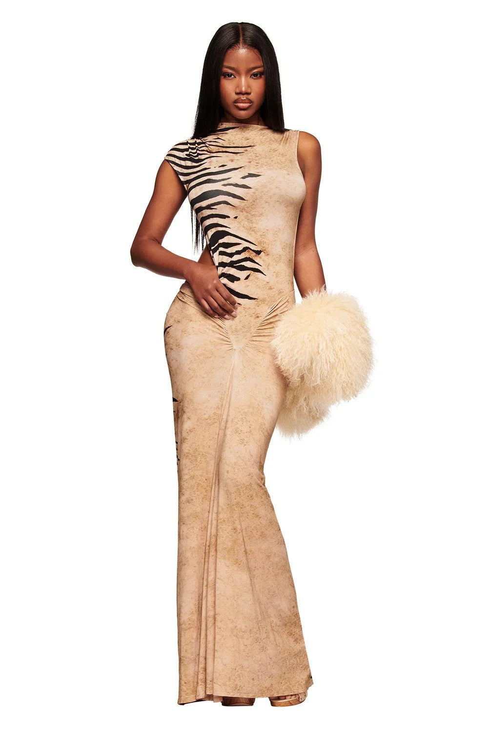Damen Elegantes Maxikleid mit asymmetrischem Schnitt und Tiermotiv EB