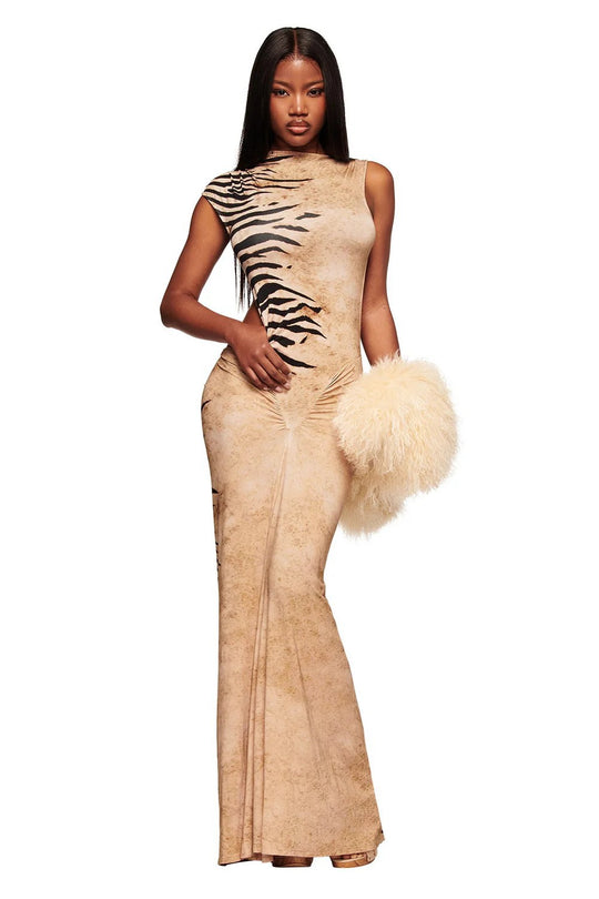Damen Elegantes Maxikleid mit asymmetrischem Schnitt und Tiermotiv EB