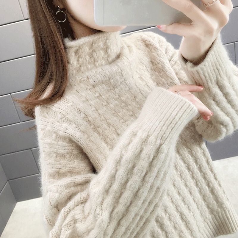 Damen Strickpullover im modernen Rippdesign mit hohem Kragen und lässigen Ärmeln EB