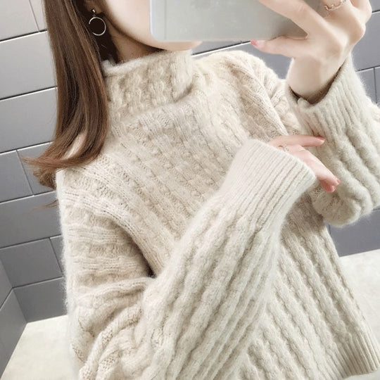 Damen Strickpullover im modernen Rippdesign mit hohem Kragen und lässigen Ärmeln EB