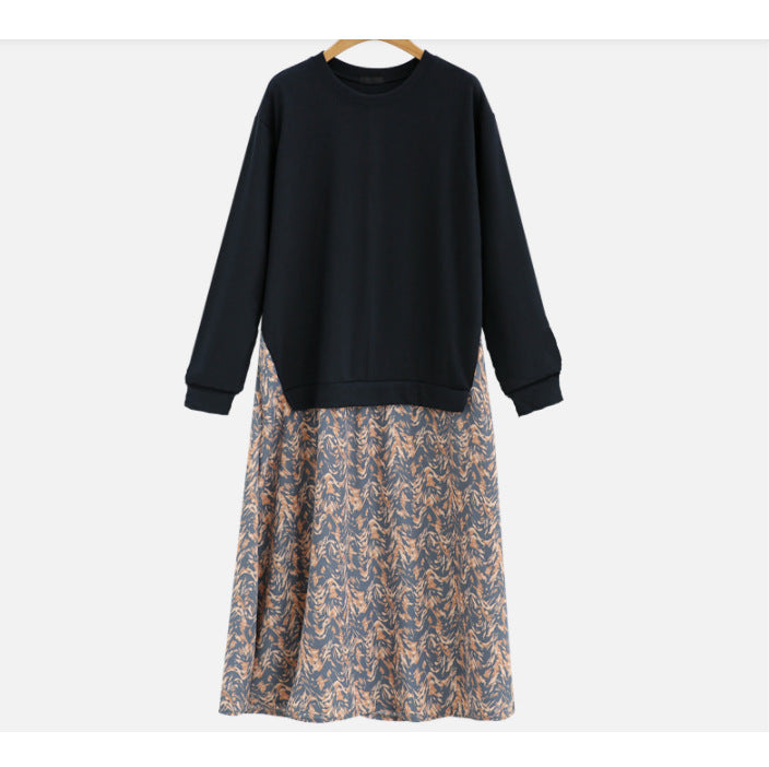 Damen nan lässiges Lagenkleid mit Sweatshirtoberteil und bedrucktem Midirock EB