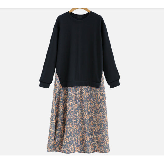 Damen nan lässiges Lagenkleid mit Sweatshirtoberteil und bedrucktem Midirock EB
