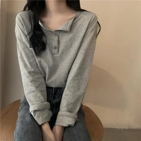 Damen Langarm-Henley-Shirt mit modernem Kragen und durchgehender Knopfleiste EB