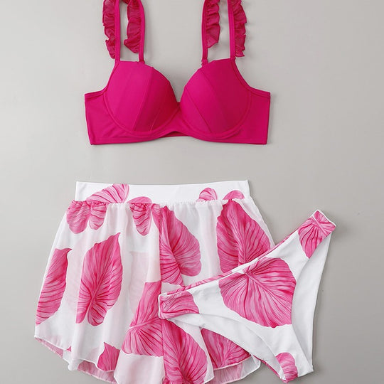 Damen Bikini-Set mit fransigem schimmerndem Oberteil und luftigem Rock EB
