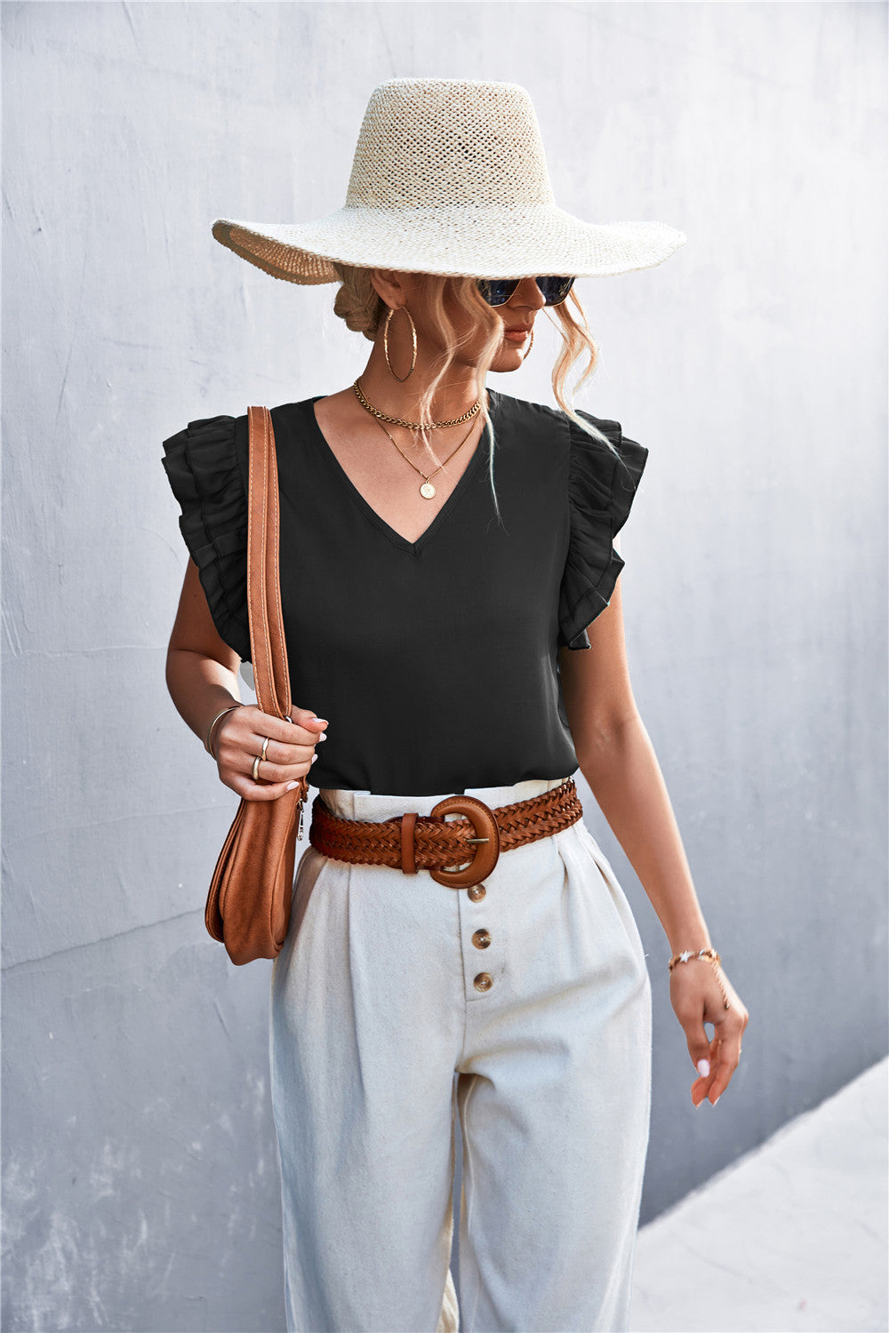 Damen Bluse mit voluminösen Rüschensäumen und V-Ausschnitt EB