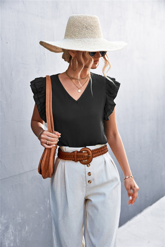 Damen Bluse mit voluminösen Rüschensäumen und V-Ausschnitt EB