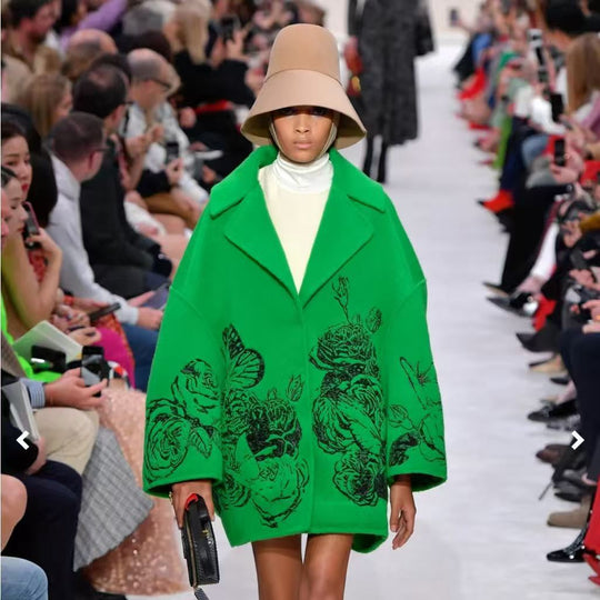 Damen Oversized Wollmix-Mantel mit floraler Print- und Stickerei-Optik EB