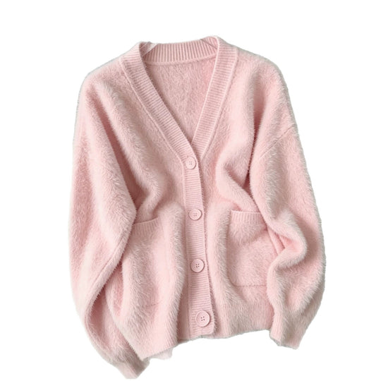 Damen Fluffy-Cardigan mit tiefem V-Ausschnitt, gerippter Knopfleiste und Eingrifftaschen EB