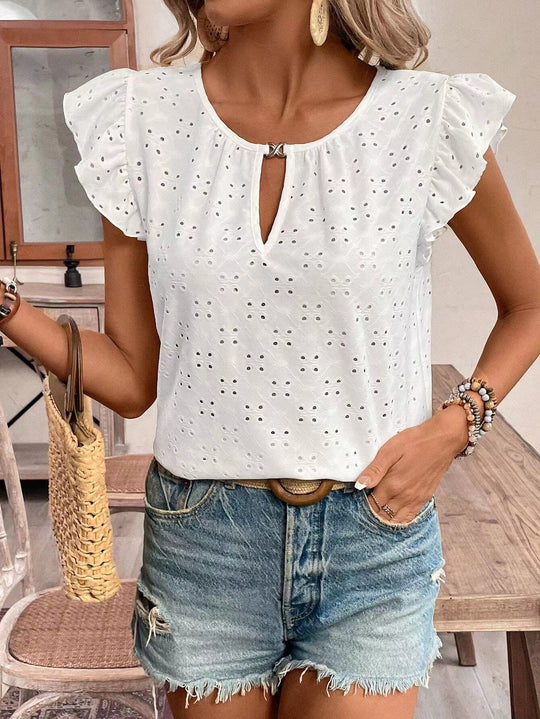 Damen Bluse mit Rüschendetails und verspieltem Lochmuster EB