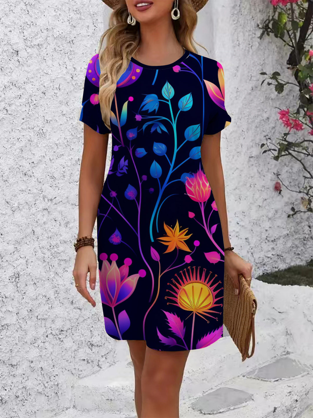 Damen lässiges T-Shirt Kleid mit buntem Blumenmuster und bequemem Schnitt EB